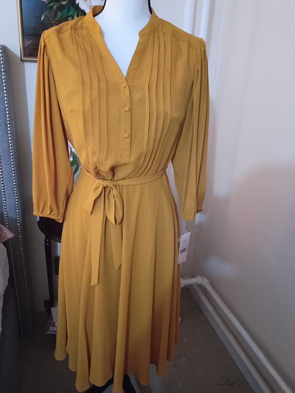 Nanette Lepore Mustard Yellow Pleated Tie-Waist Midi Dress